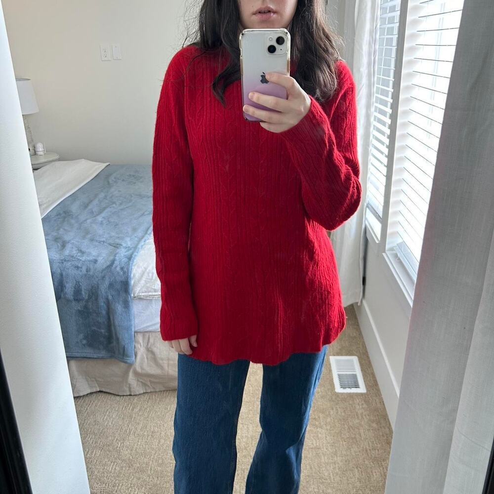 Charter club vintage 2-ply cashmere  v neck red sweater cableknit M long